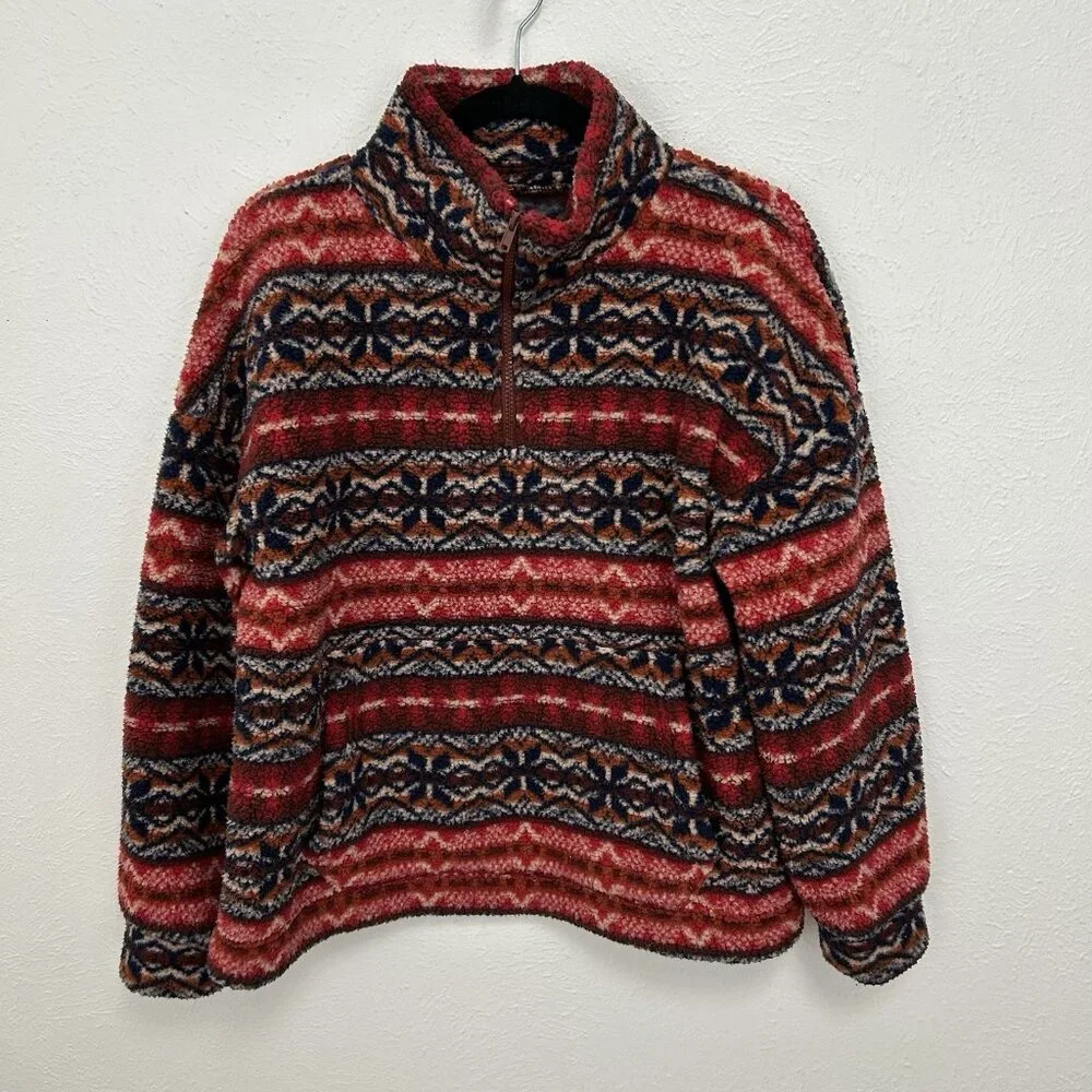 American Eagle Sweater Womens S Red Aztec Plush Sherpa Fleece‎ 1/4 Zip Pullover
